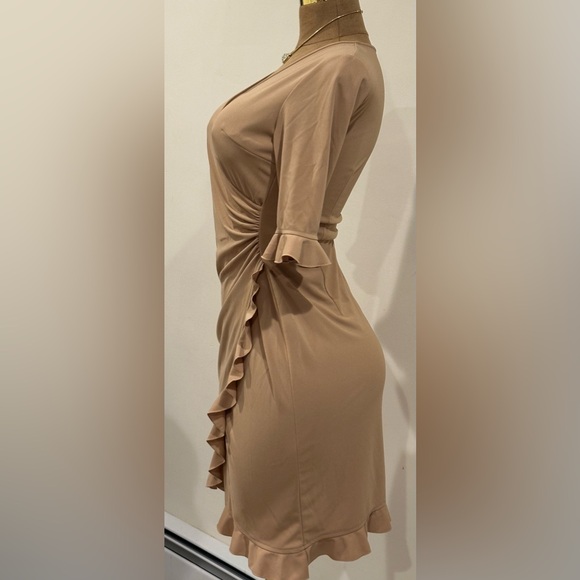 Express Golden Yellow V Neck Wrap Look, Ruffle Edges Draped Midi Dress Sz S - Picture 4 of 13